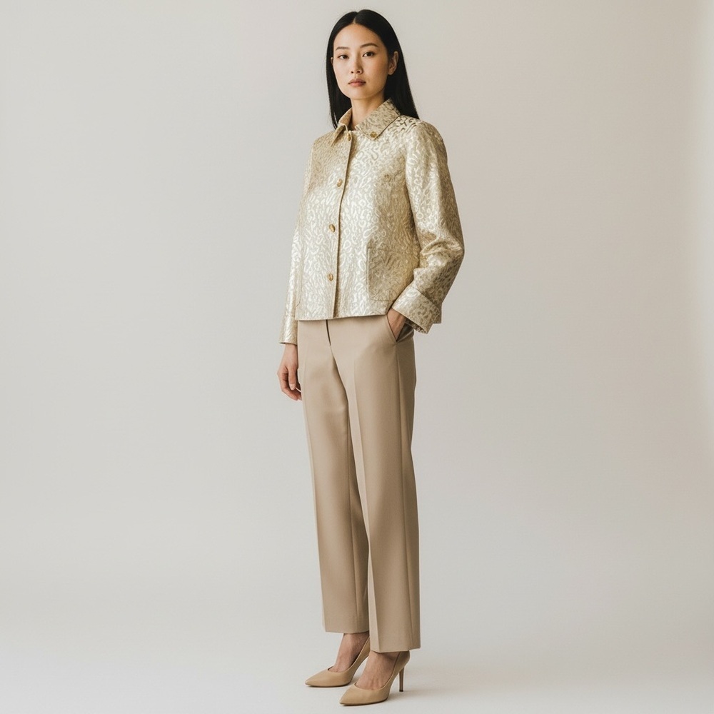 Nina McLemore Womens Pants Suit Sz 6 10 Gold Metallic Animal Print Blazer Jacket